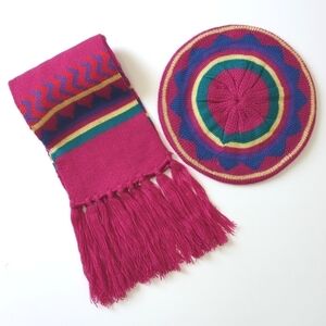 English Village 90's Vintage Classic Knit Scarf & Beanie Matching Set Fuchsia OS